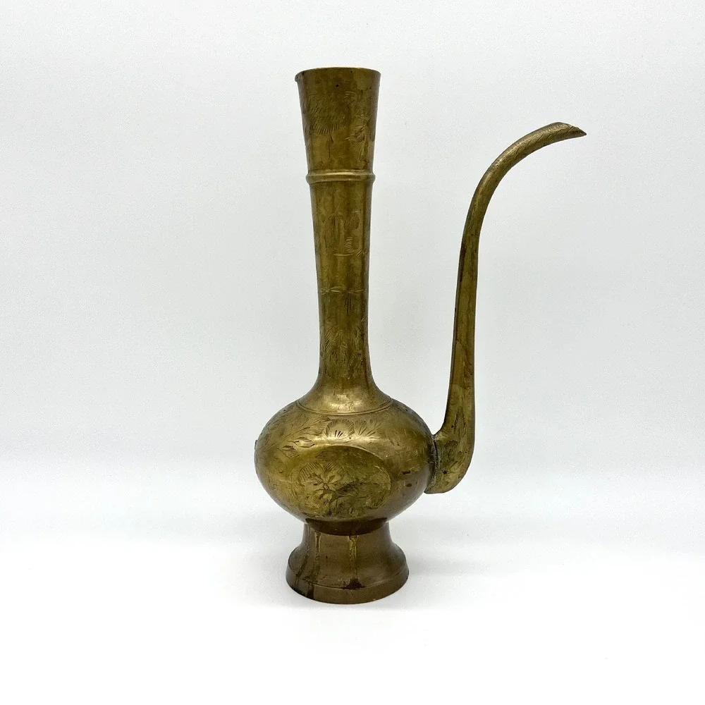 Etched Brass Vase Pitcher Coffee Vintage Floral Design Home Decor 10